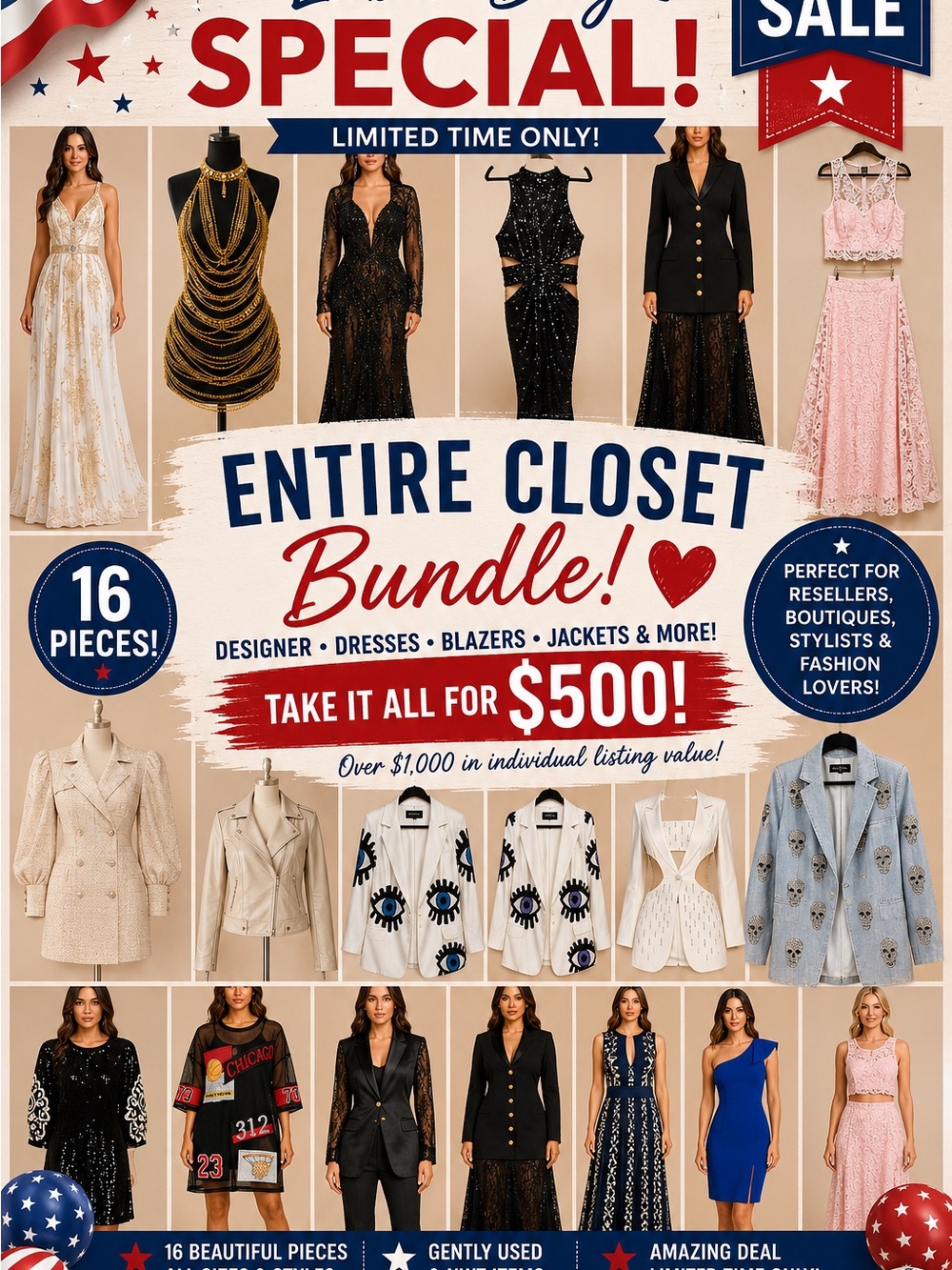 16 Piece Designer Closet Bundle – Dresses Blazers Gowns – $500